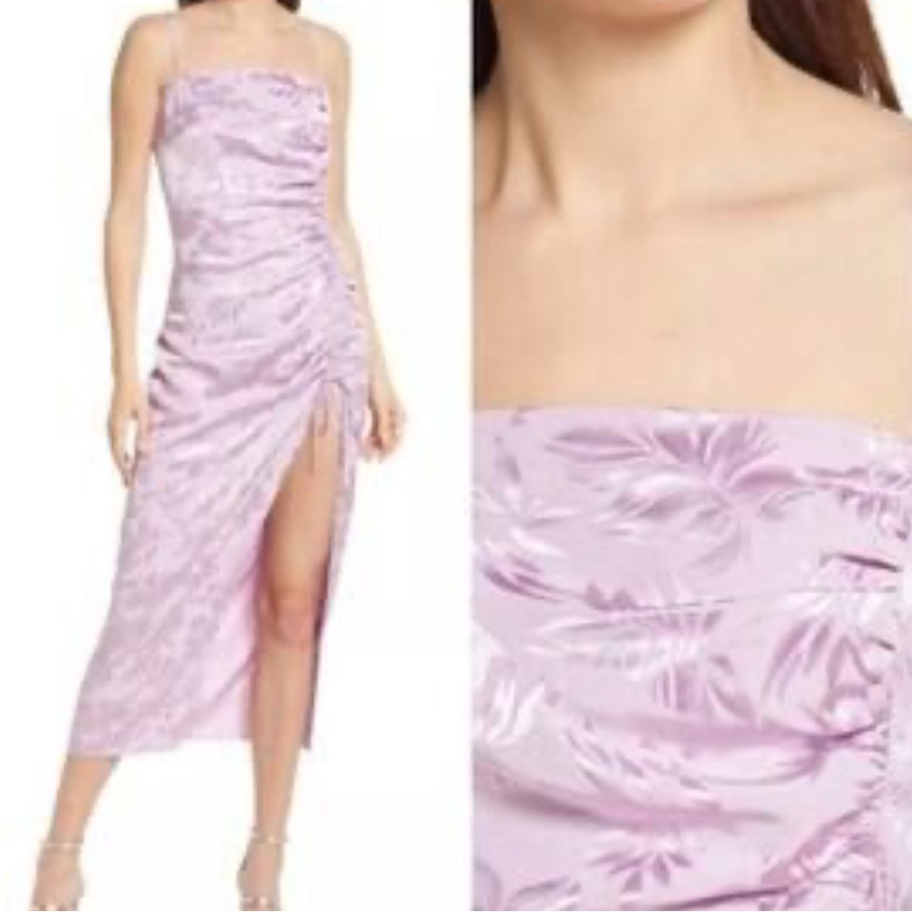 SAYLOR Purple Ruched Strapless Midi Dress